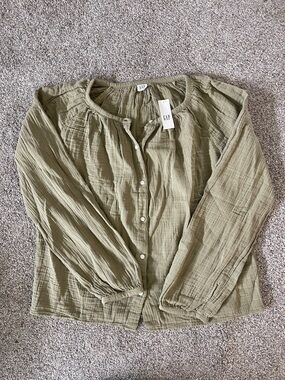 GAP Olive Button-Front Gauze Blouse